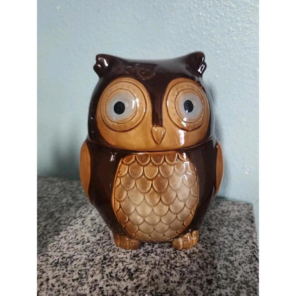 Cute Vintage Gibson Home 7.5” Orange Rust Brown Owl Cookie Jar Canister-Nice!!